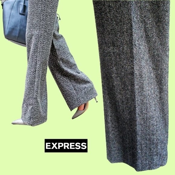 EXPRESS NEW Minimalist EDITOR Herringbone Faux Leather Trim Wide Leg Trouser 6 - Picture 6 of 12